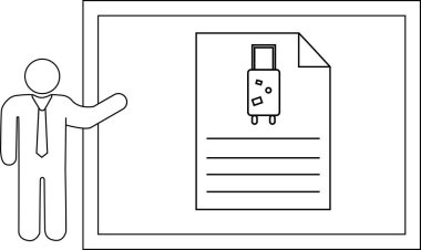 İçinde bavul ve beyaz tahta üzerinde boş çizgiler olan bir belge sunan bir kişi