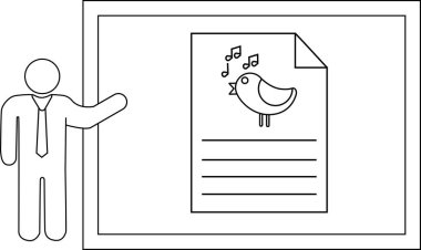 Bir kişi, üzerinde notlar olan kuş temalı bir belgeyi sunan beyaz tahtanın yanında duruyor.