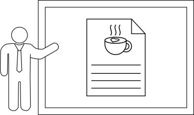 Bir sunucu, kalbi olan bir kahve fincanını gösteren bir sunum panosuna işaret ediyor.