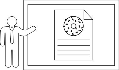 Basitleştirilmiş bir figür donut grafiği ve metin satırları olan bir beyaz tahtaya işaret eder