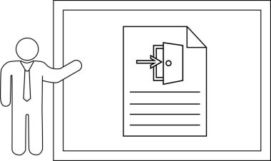Çubuk figürü, çift kenarlı çerçevedeki bir kapı simgesini gösteren bir ok içeren bir belge sunar