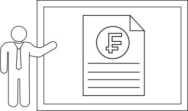 Beyaz tahtada üzerinde frank sembolü olan bir belge sunan bir figür çiziliyor