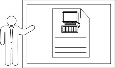 Çizgi sanatı, bir belgeyi bilgisayar illüstrasyonuyla sunan bir kişiyi betimliyor