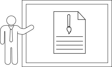Çerçevelenmiş bir tahtada boya fırçası simgesi ile bir belgeyi sunan bir kişinin çizgi çizimi