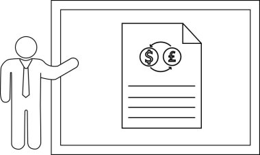 Bir belgenin üzerinde döviz döviz sembolleri olan bir tahtaya işaret eden adam