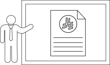 Dairesel logosu ve yazılı satırları olan bir belgeyi gösteren bir sunum panosuna çubuk figürü jestleri
