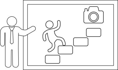 Çerçevelenmiş beyaz tahtaya bakan bir figür kameraya doğru tırmanan bir figürü gösteriyor.