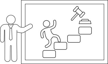 Takım elbiseli bir adam basamaklarda başarıyı gösteren bir grafik sunuyor.