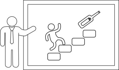 Sunucu, şişeye ulaşmak için basamakları tırmanan kişiyi gösteren bir tahtaya doğru hareket eder.