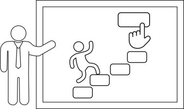 Çubuk adam, üst kattaki düğmeye basarak basamakları tırmanan birinin çizelgesini sunar.