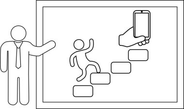 Çizgi çizimi, bir kişinin, uygun bir figürün sunduğu telefonu tutarak bir ele doğru tırmandığını gösteriyor.