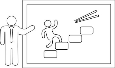 Çubuk figürü, basamaklardaki basamaklar üzerine sunum yapar. Duvarda merdivenler ve düşen bir tahta parçası vardır.