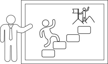 Yapıştırmalı sunum, bayrak ve başarı figürlü bir dağın zirvesine giden adımları gösterir