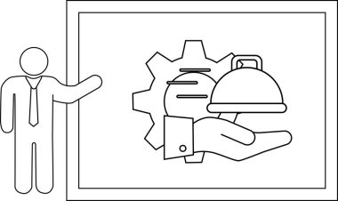 Takım elbiseli bir kişi çerçeveli bir görüntü sunar, dişli halatlar ve üstü örtülü bir tabak tutan bir el.