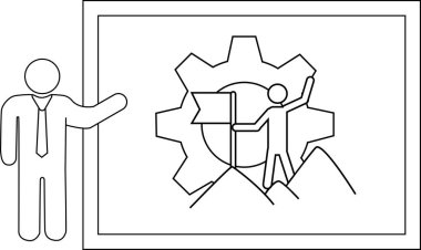 Çubuk adam bir teçhizat grafiği sunar bir dağ ve tepeye bayrak dikmiş bir çöp adam.