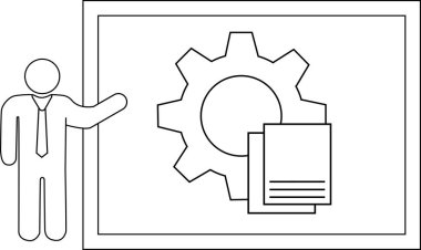Çerçevelenmiş bir resmi beyaz bir arkaplana karşı bir teçhizat ve belge ile sunan bir kişinin çizgi sanatı
