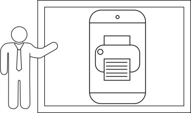 Bir diyagram, yazıcı simgesini gösteren cep telefonu olan bir panonun yanında sadeleştirilmiş bir kişiyi gösterir.