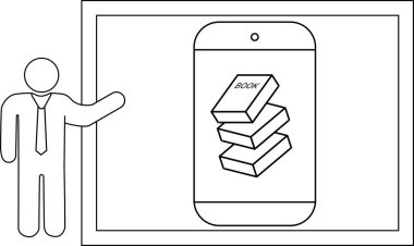 Bir şekil, çift katlı bir dikdörtgenin içindeki kitapları gösteren bir ekrana işaret eder
