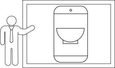 Üzerinde dairesel bir nesne olan tuvaletin basitleştirilmiş görüntüsünü gösteren bir ekran sunan bir figür