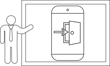 Bir kişi giriş işareti gösteren bir ekrana işaret ediyor