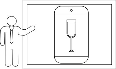Bir insan beyaz tahtada şarap kadehi gösteren bir telefon sunar.