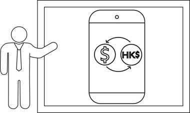 Çubuk figür, Hong Kong Doları döviz arayüzünü gösteren bir cep telefonu sunar