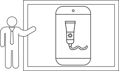 İş adamı çerçevenin içinde kozmetik tüp grafikle bir telefon ekranına işaret veriyor.