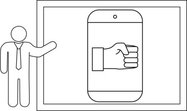 Çizgi film çubuğu figürü yumruğu gösteren bir ekran sunar