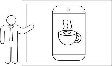 Bir çöp adamın çizgi çizimi çerçeveli bir cep telefonunu gösteriyor ve kahveyi kalp ile gösteriyor.