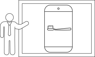 Çizgi sanatı, üzerinde diş fırçası olan bir ekranın yanındaki sunucuyu gösteriyor.