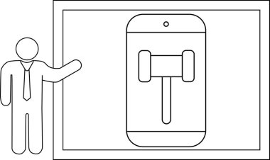 Çerçevedeki tokmağı göstererek telefona doğru hareket eden çizgi çizen kişi