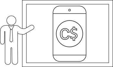 Satır çizimi akıllı telefon içinde C para sembolü gösteren bir ekran sunan kişiyi gösterir