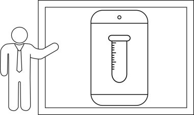 Ekranında test tüpü bulunan mobil bir aygıtı sınırlandırılmış bir arkaplana karşı sunan bir kişinin taslağı