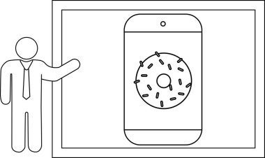 Çerçeveli arka planda donut sergilenen bir telefona işaret eden kişi