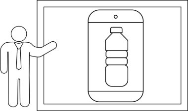Ekran çizgileri üzerinde bir şişe sunan sunum figürü basit bir çizim