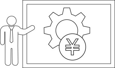 Çarklı ve yen sembollü bir panoda sunucu