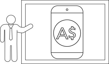 Avustralya para birimi sembolünü gösteren sunucu ve telefon ekranı sunumu