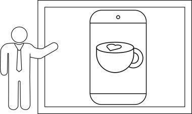 Basit bir kalp latte tasarımı gösteren çerçeveli telefona çubuk figürleri