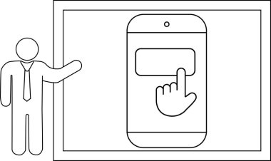 Çubuk şekli, dikdörtgen çerçeve içindeki bir düğmeye dokunan bir el ile tablet arayüzü sunar