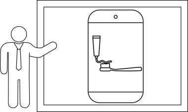 Bir çerçeveli resim içinde akıllı telefon ekranında diş fırçası ve diş macunu sunan çubuk figürü