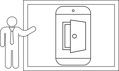 Yapışkan adam telefonu açık kapıyla sunar.