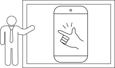 Stickfigure sunucusu bir akıllı telefona doğru hareket ederek çerçevelenmiş bir arkaplana parmak şıklatmayı gösterir