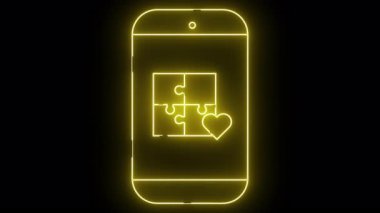 Dört parçadan oluşan bir yapboz ve kalp tasarımı ile parlayan sarı neon bir telefon.