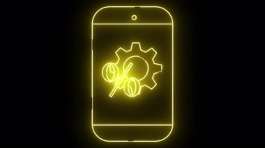 Parlayan sarı bir cep telefonu ana hatları bir dişli ve yüzde sembolleri gösterir