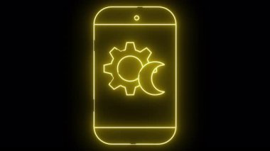 Üzerinde teçhizat ve hilal simgesi olan bir akıllı telefonun neon sarısı çizgisi ekranda siyah bir arkaplanda.