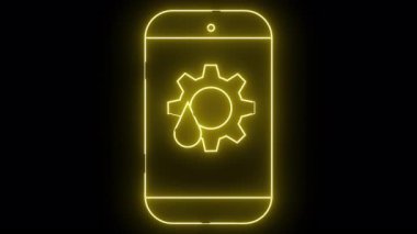 Aydınlatılmış cep telefonu hatları siyah arkaplandaki yağ damlasını gösteren sarı dişli simgesini gösteriyor