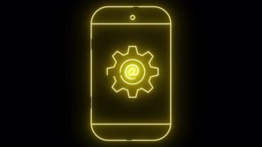 Siyah arkaplanda vites içinde bir sembolü gösteren bir telefonun sarı neon çizgisi