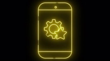 Sarı neon, siyah arkaplanda ayarları ve yıldız simgeleri olan bir telefon özeti çizer