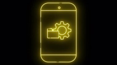 Siyah arkaplana karşı ekranında bir dosya dizini ve dişli simgesi gösterilen sarı neon telefon