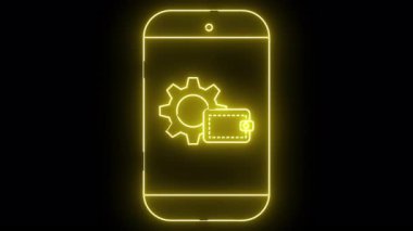 Sarı neon akıllı telefon siyah bir arkaplana karşı vites ve cüzdan gösterir